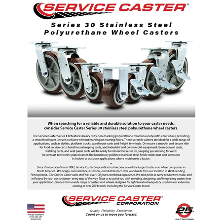 Service Caster 4 Inch SS Polyurethane Caster Set with Roller Bearings and Brake/Swivel Lock SCC SCC-SS30S420-PPUR-TLB-BSL-4
